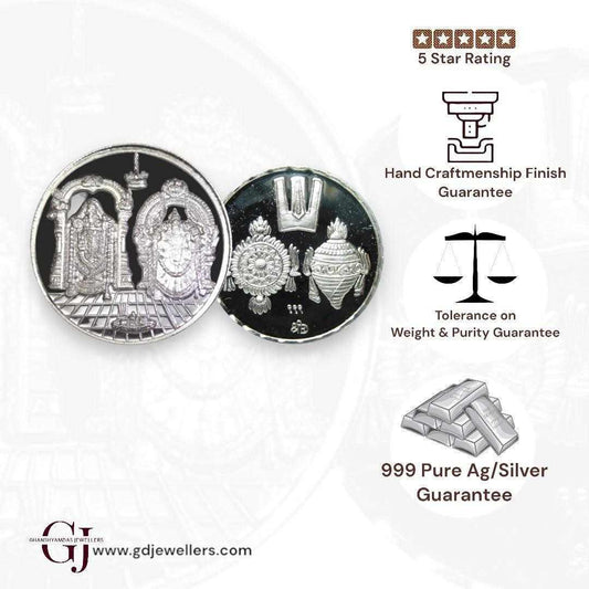God Balaji Padmavati 3D Silver Coin 24KT Purity 999 Round Shape