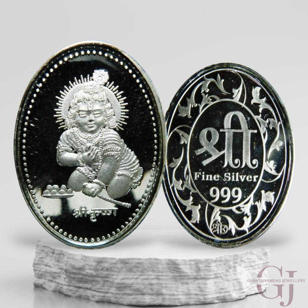 God Laddu Gopal 3D Silver Coin 24KT Purity 999 Oval Shape with shree