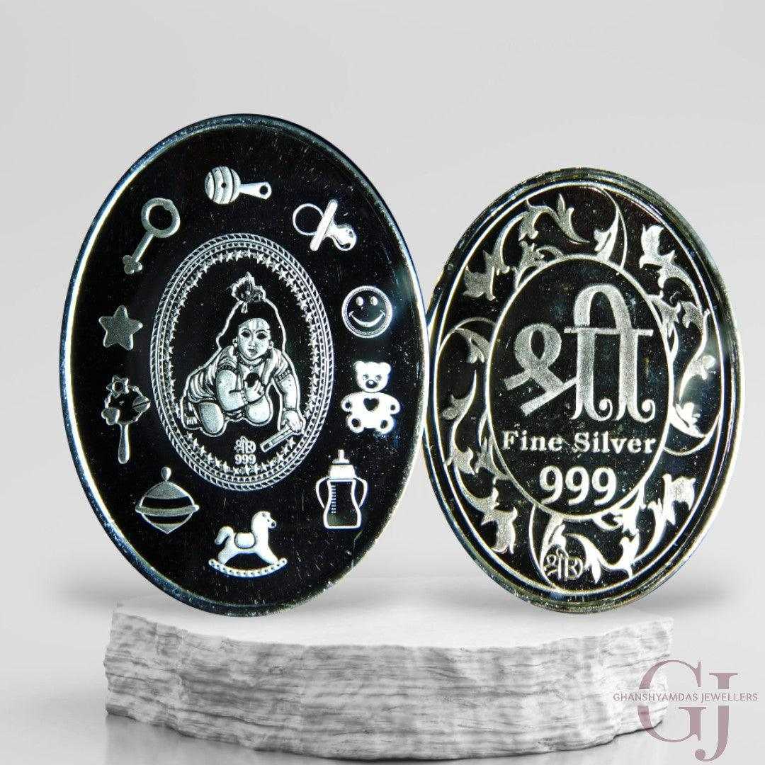 God Laddu Gopal 3D Silver Coin 24KT Purity 999 Oval Shape with shree