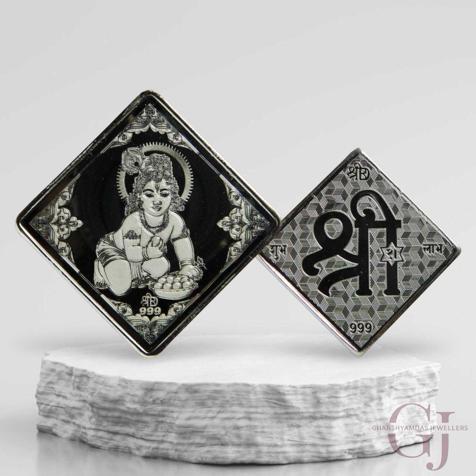 God Laddu Gopal 3D Silver Coin 24KT Purity 999 Square Shape with shree