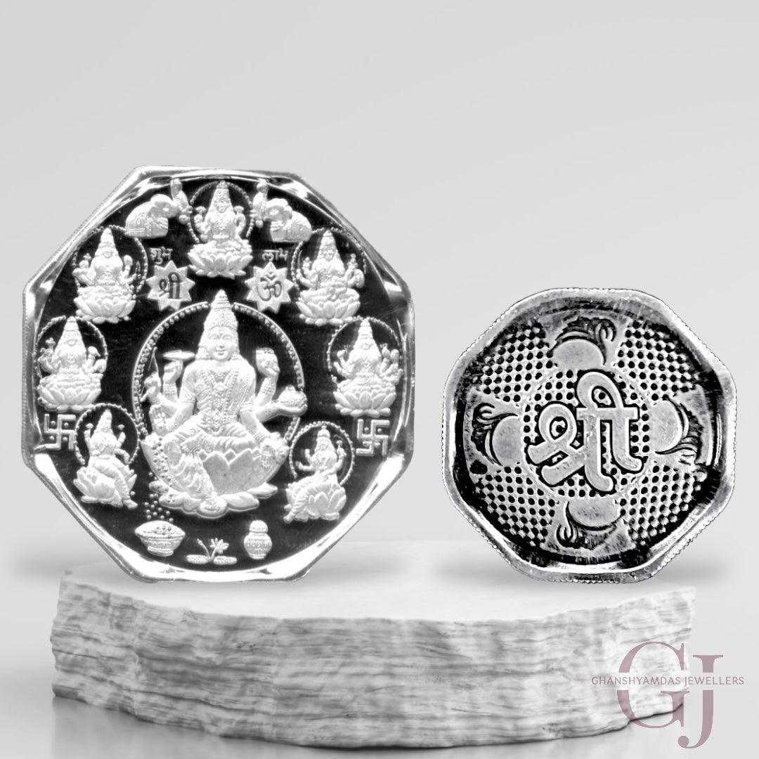 Goddess  Ashta Laskhmi  3D Silver Coin Purity 999 Octagon Shape