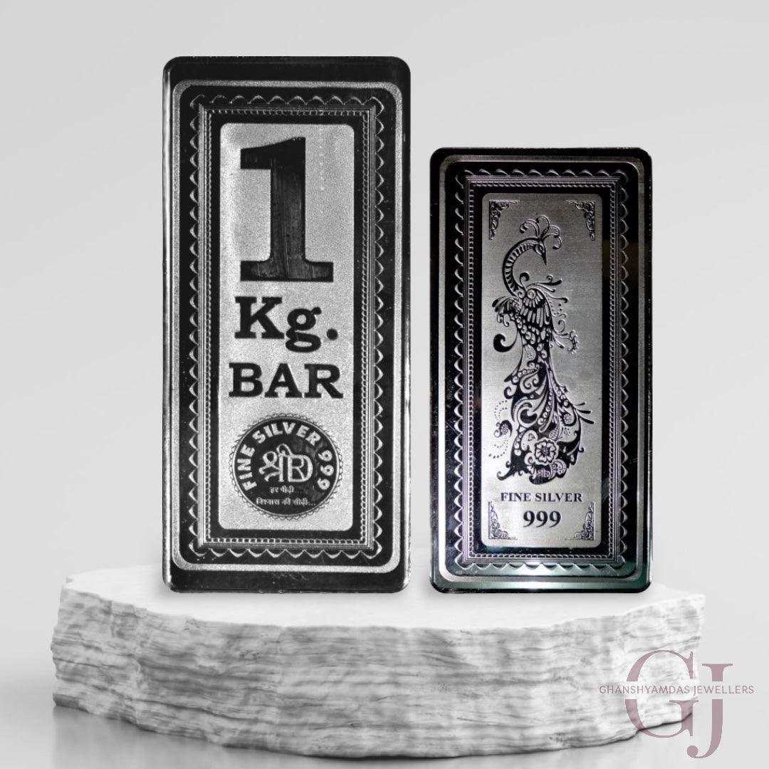 One  KG Bar - 3D Silver Coin 24KT Purity 999 Bar Shape  Front side 