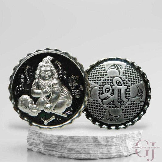 God Laddu Gopal 3D Silver Coin 24KT Purity 999 Round Shape with shree