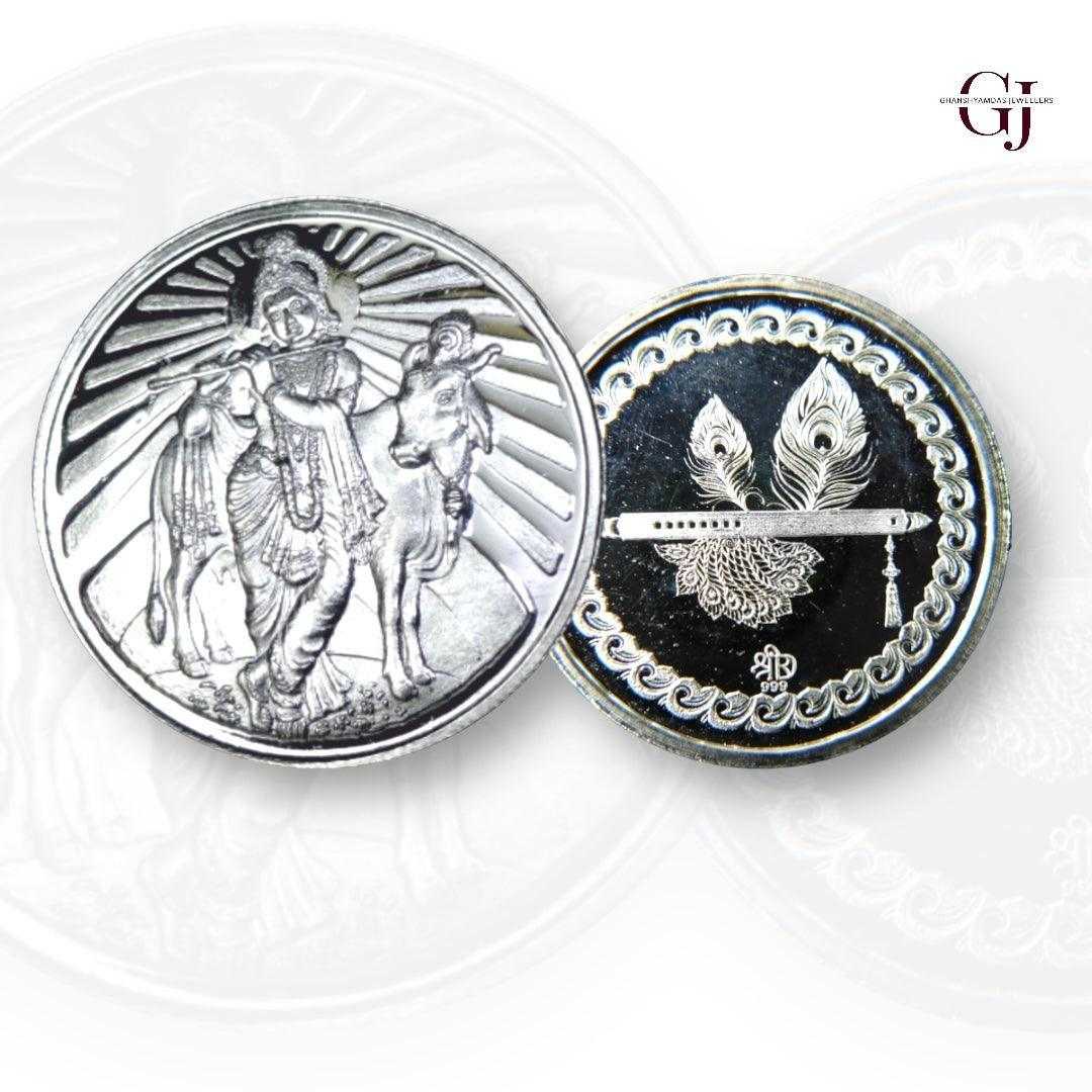God Krishna With Cow/Gau Mata - 3D Silver Coin 24KT Purity 999 Round S