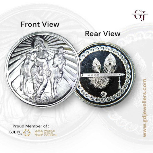 God Krishna With Cow/Gau Mata - 3D Silver Coin 24KT Purity 999 Round S