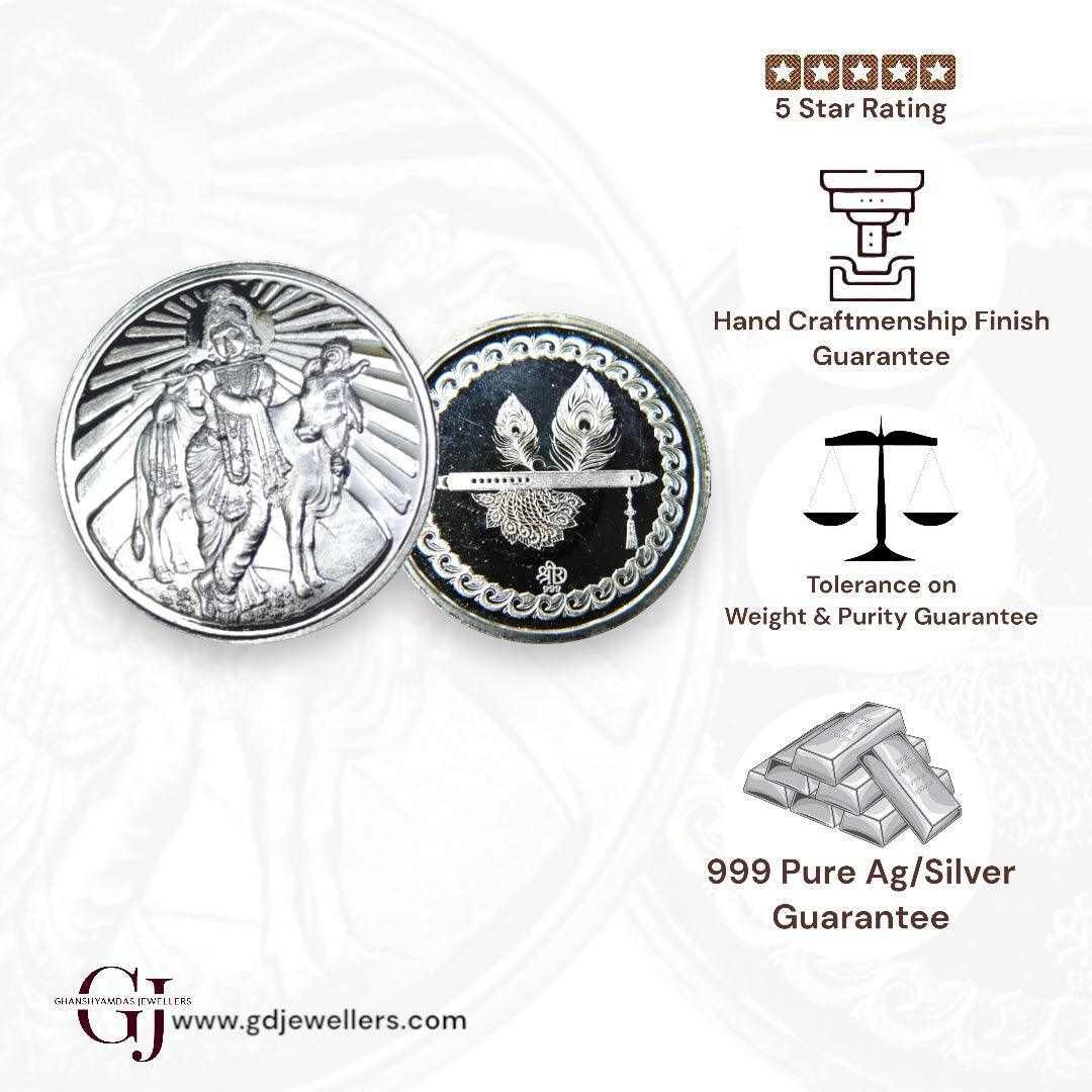 God Krishna With Cow/Gau Mata - 3D Silver Coin 24KT Purity 999 Round S
