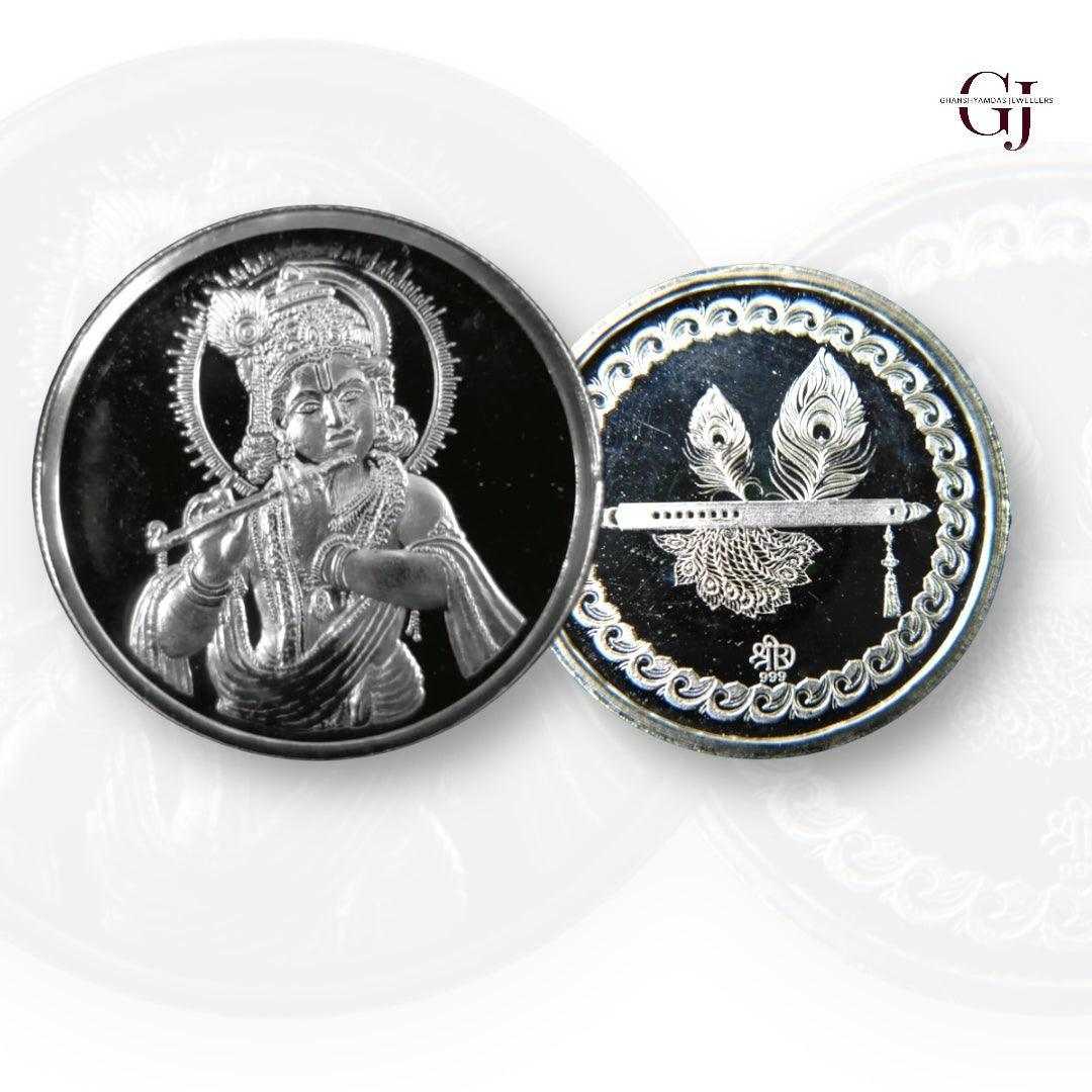 God Krishna - 3D Silver Coin 24KT Purity 999 Round Shape - Backside Fe