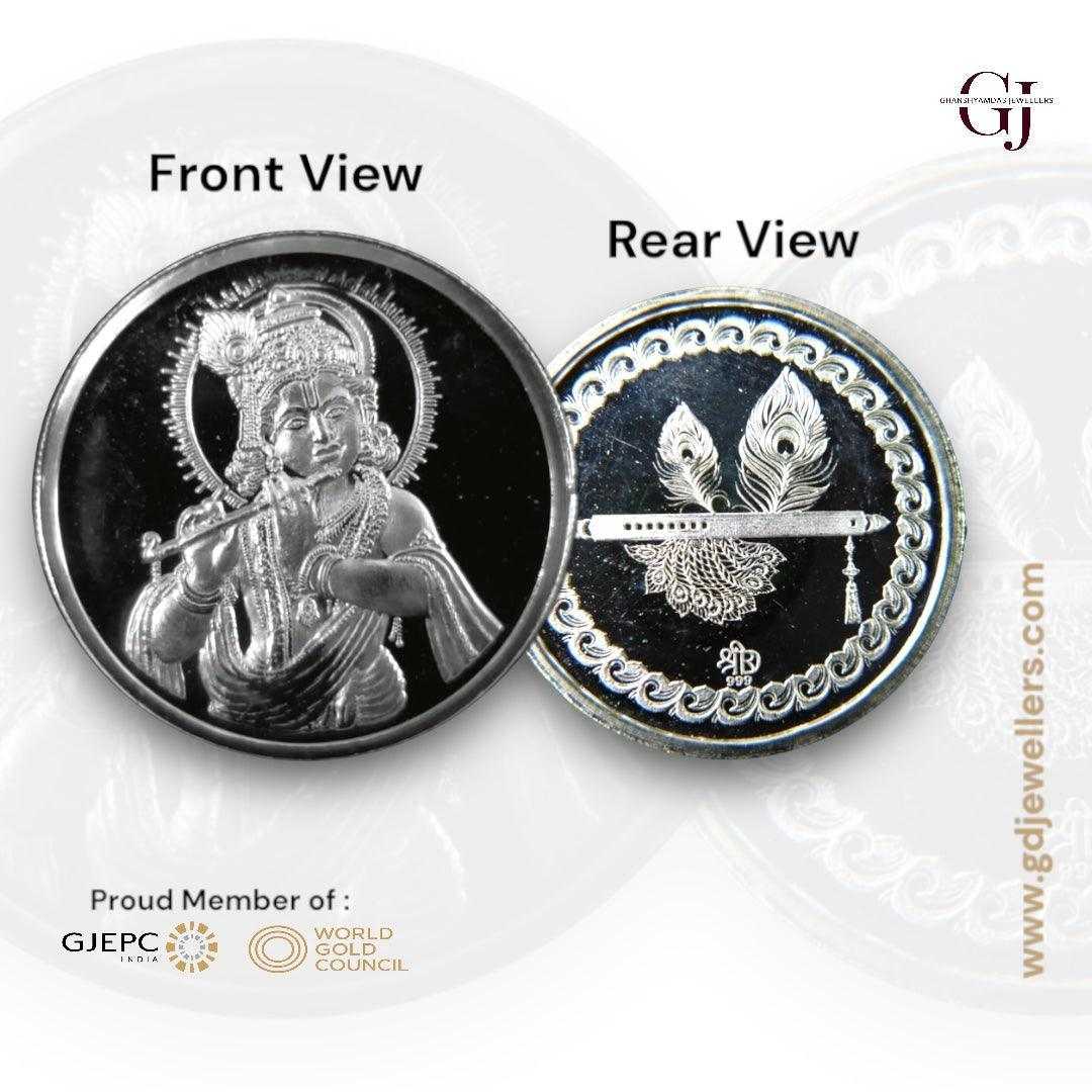 God Krishna - 3D Silver Coin 24KT Purity 999 Round Shape - Backside Fe