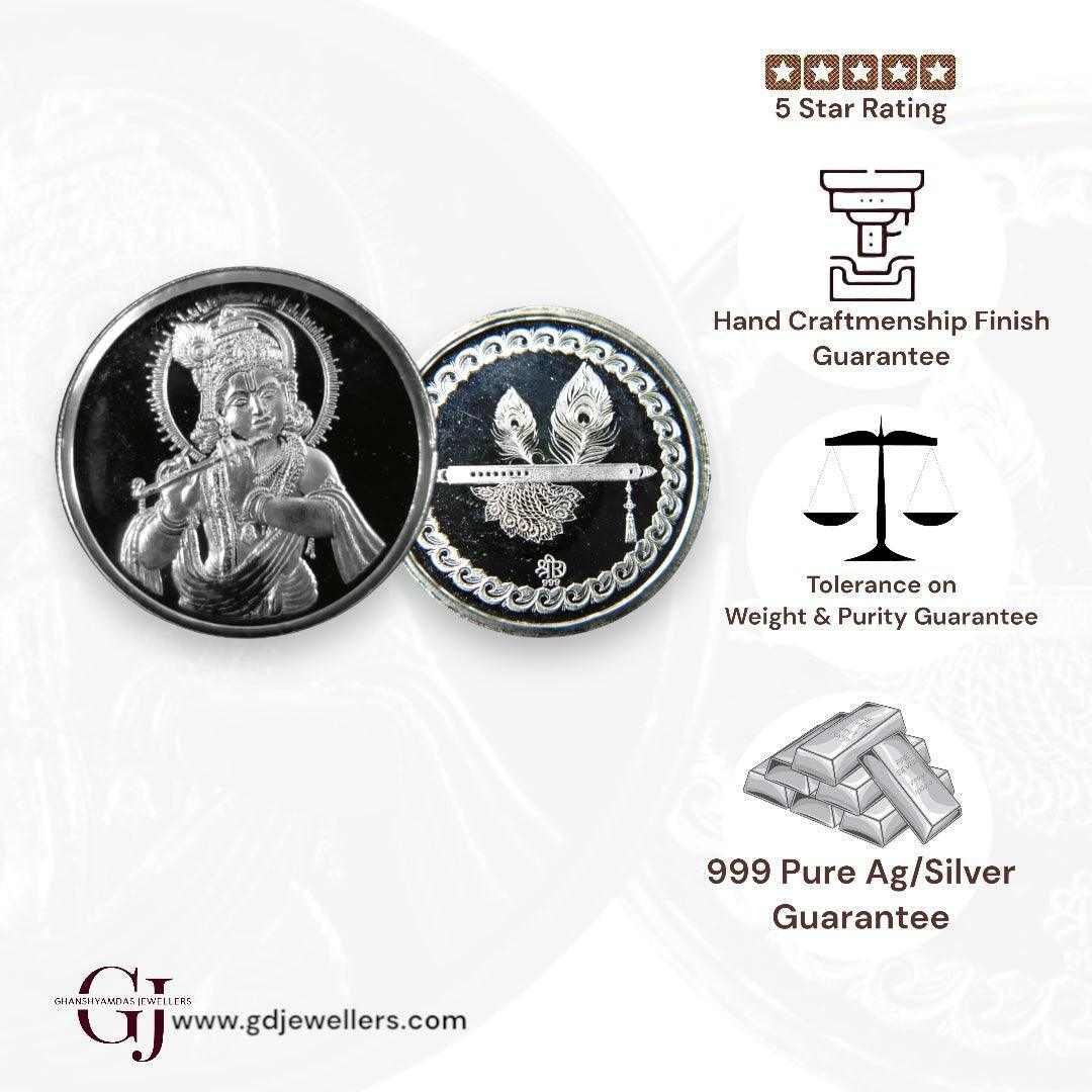God Krishna - 3D Silver Coin 24KT Purity 999 Round Shape - Backside Fe
