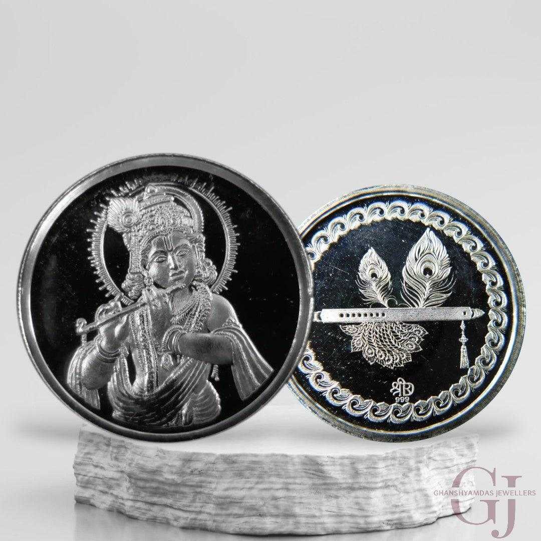 God Krishna - 3D Silver Coin 24KT Purity 999 Round Shape - Backside Fe